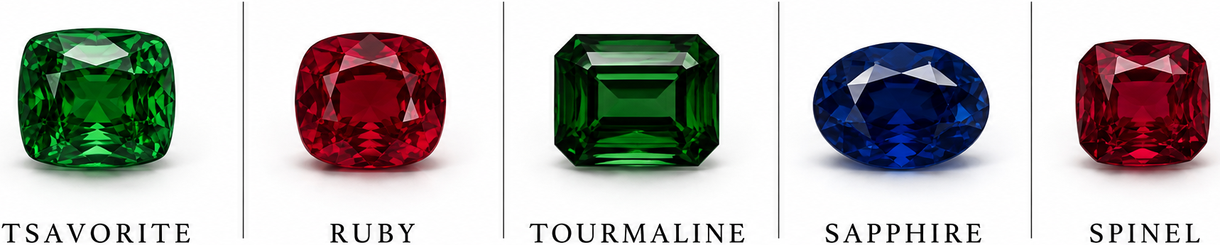 Edelstein-Arten: Tsavorite, Ruby, Tourmaline, Sapphire, Spinel