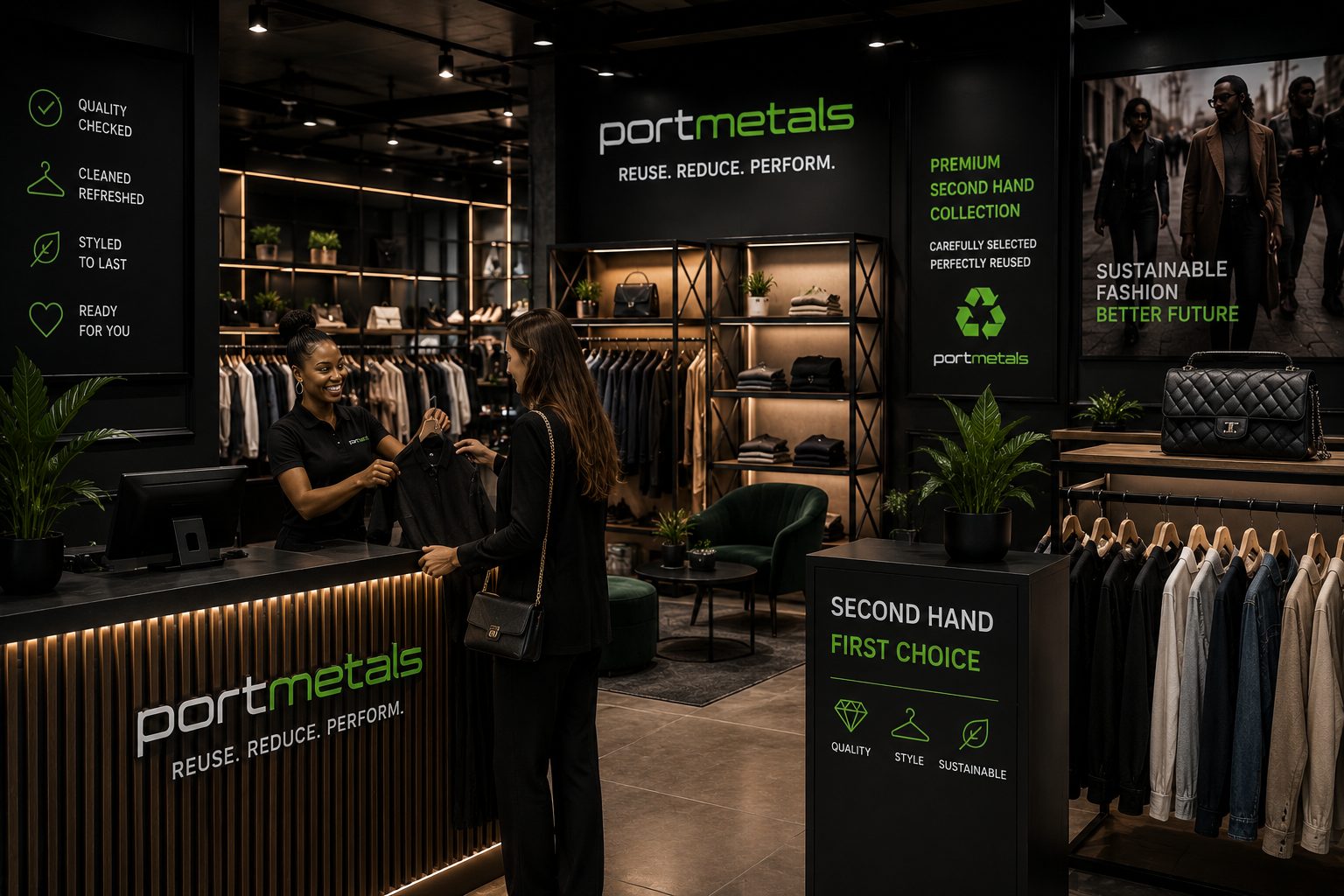 Portmetals Second-Hand-Boutique – Verkäuferin berät eine Kundin